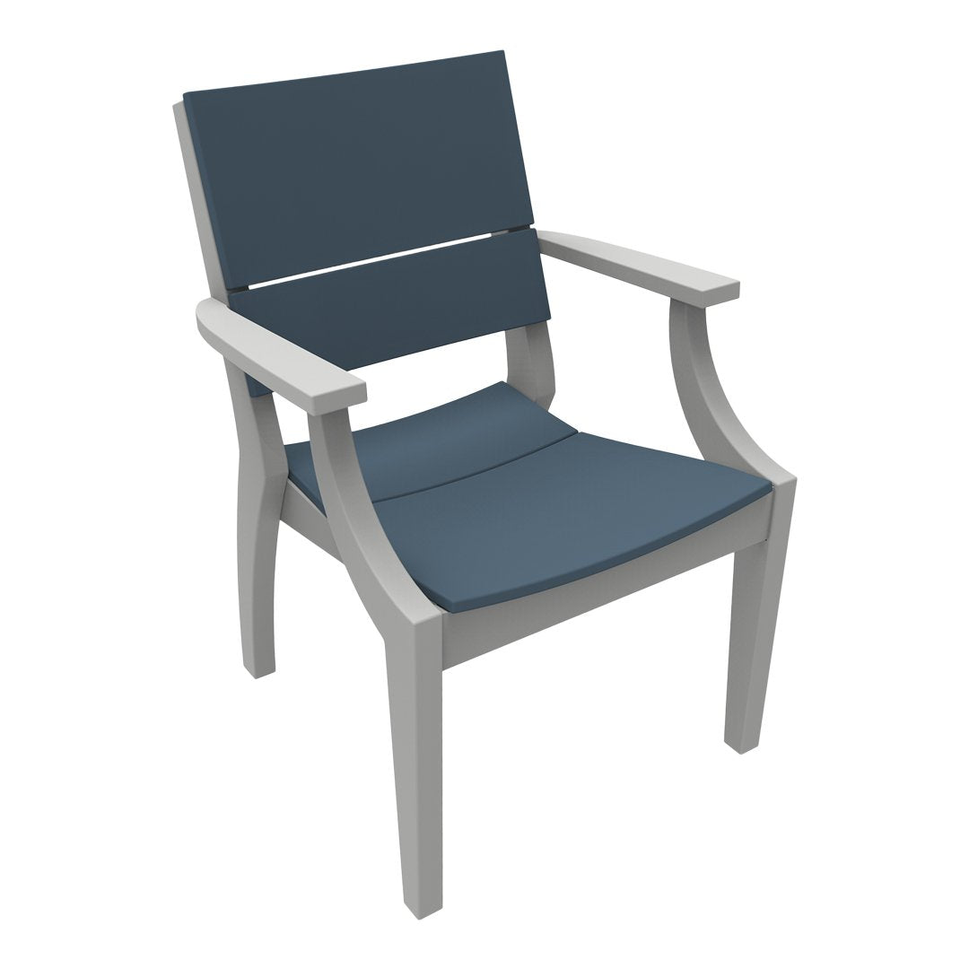 Gray outdoor chair with a dark blue seat and backrest, featuring a sleek, modern design.