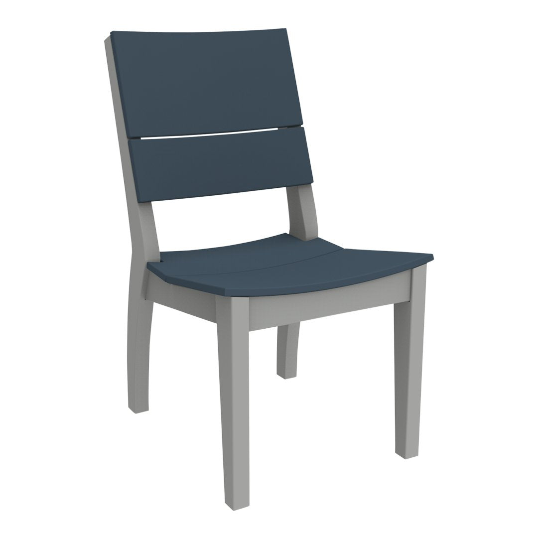 Gray wooden chair with dark blue slatted seat and backrest, featuring a clean, modern design.