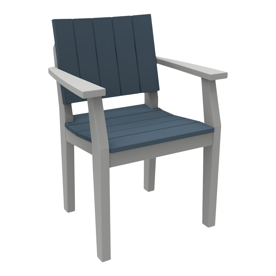 Navy blue slatted seat and backrest with light gray wooden frame, perfect for outdoor seating.