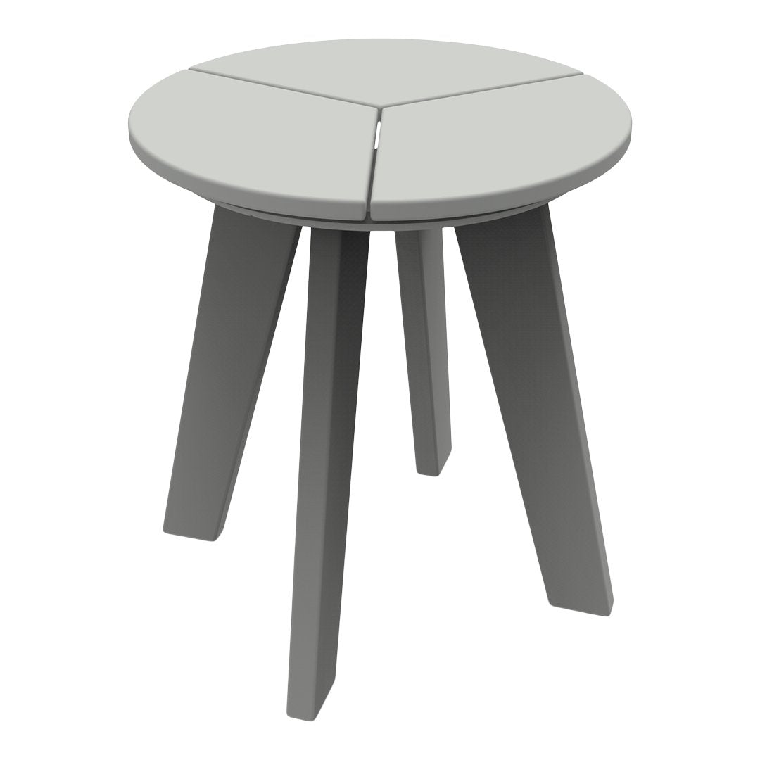 Round grey side table with a sleek, modern design and three sturdy grey legs, featuring smooth, flat surfaces.