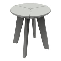 Round grey side table with a sleek, modern design and three sturdy grey legs, featuring smooth, flat surfaces.