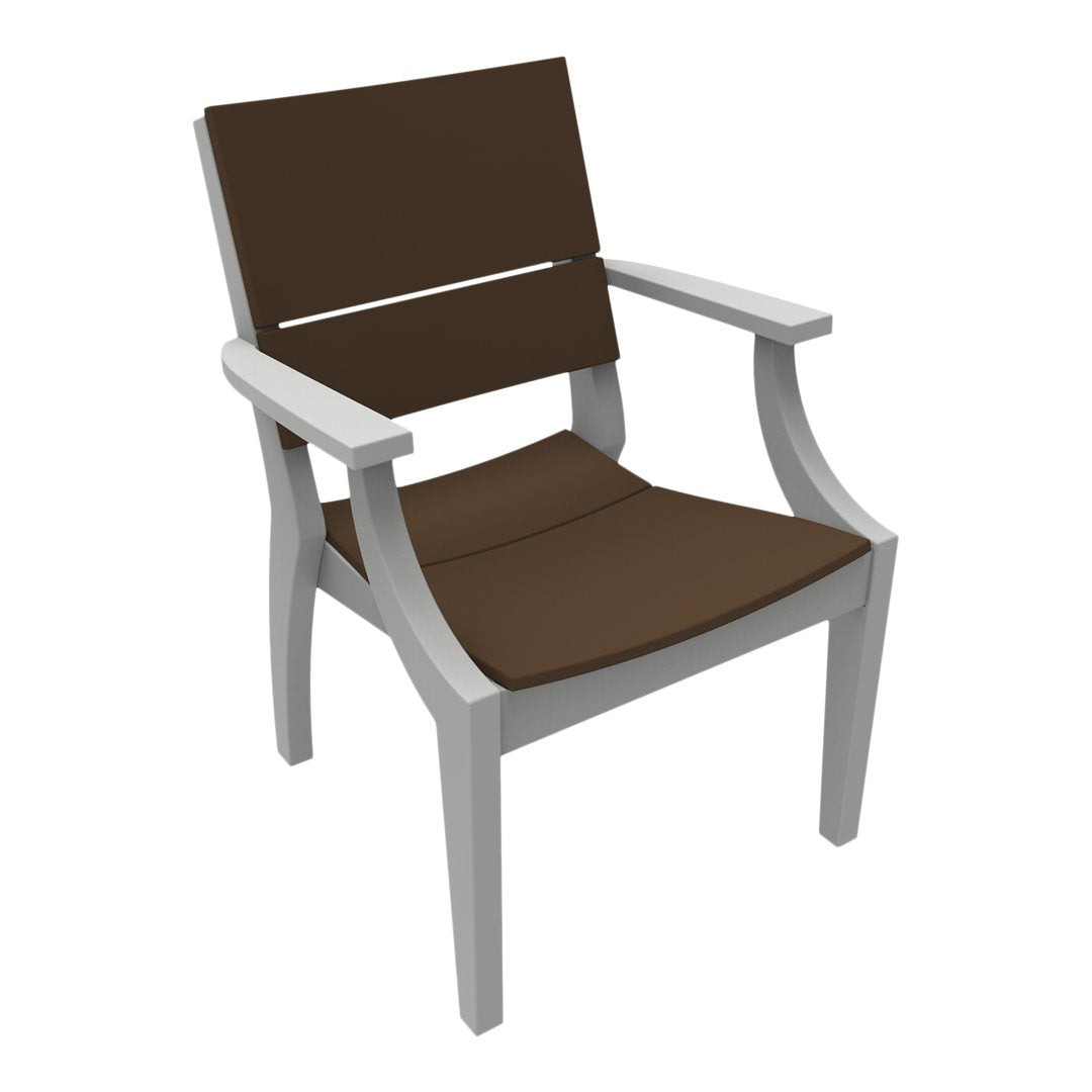 Brown cushioned outdoor chair with a sleek gray frame and minimalist design. Ideal for stylish patios and decks.