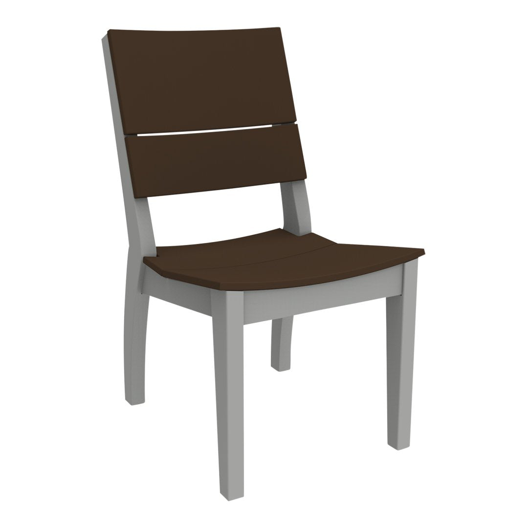Brown wooden chair with a gray frame, featuring a sleek, minimalist design and horizontal slat detailing.