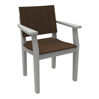 Brown slatted seat and backrest with light gray armrests and frame in a modern design. Perfect for outdoor decor.