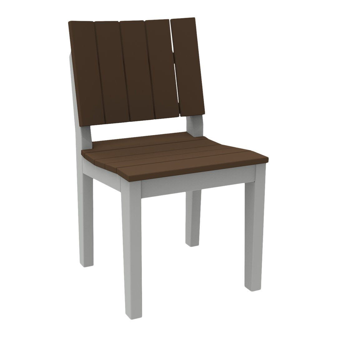 Brown slatted seat and backrest with a contrasting light gray frame, perfect for outdoor or indoor dining.
