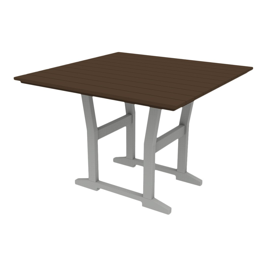 Brown square table with a wood-grain pattern and light gray legs, perfect for modern dining spaces.