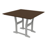 Brown square table with a wood-grain pattern and light gray legs, perfect for modern dining spaces.