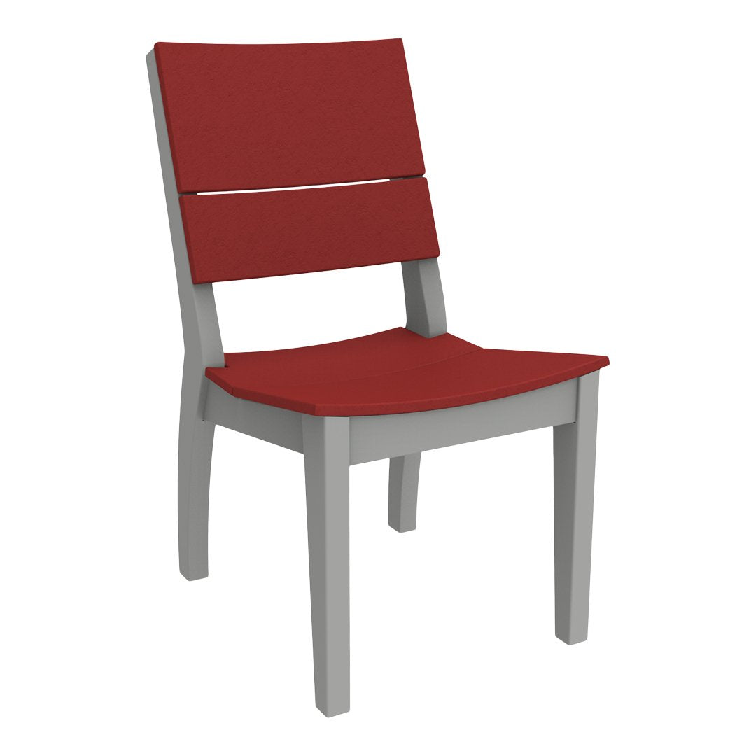 Modern chair with a deep red seat and backrest, complemented by a sleek gray frame. Ideal for contemporary decor.