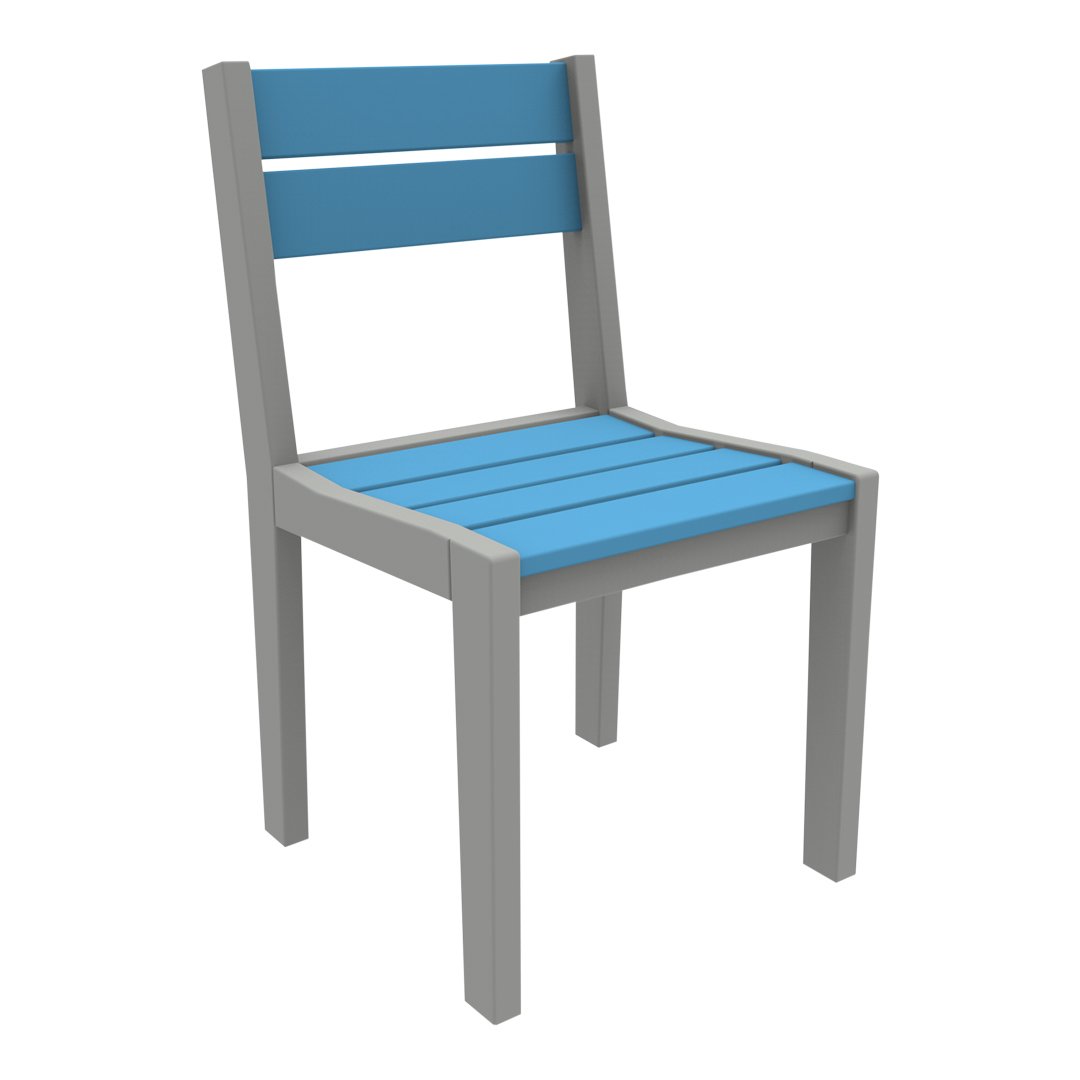 Bright blue slatted chair with a sleek gray frame, perfect for adding a pop of color to any space.