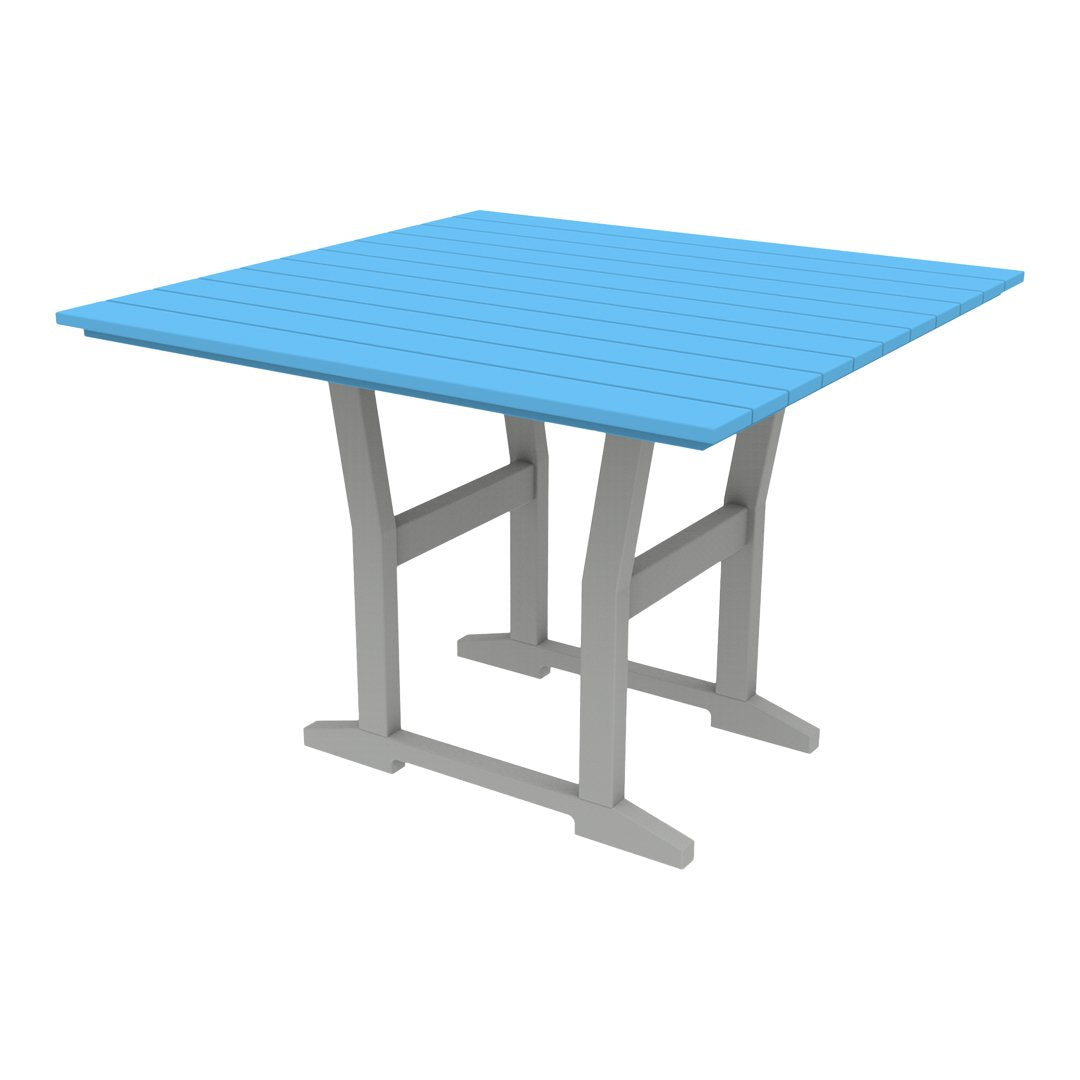 Blue slatted tabletop with a light gray frame, perfect for outdoor dining or casual gatherings.