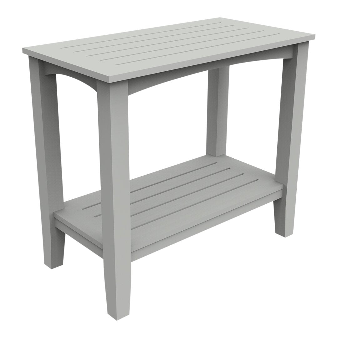 Gray wooden side table with slatted top and shelf, perfect for indoor or outdoor use.
