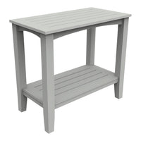 Gray wooden side table with slatted top and shelf, perfect for indoor or outdoor use.
