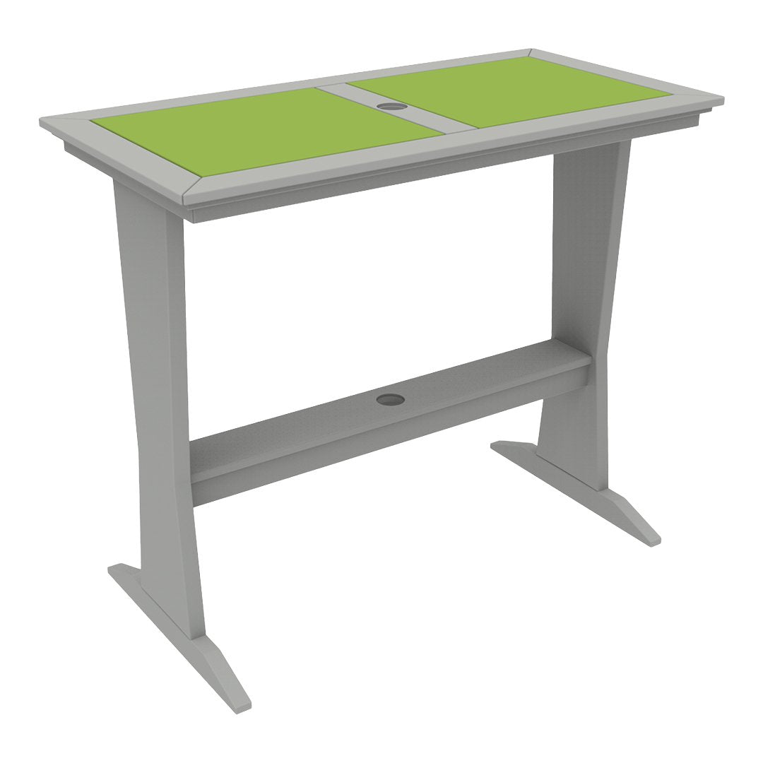 Light gray outdoor table with vibrant green tabletop and sleek, modern design. Perfect for outdoor settings.