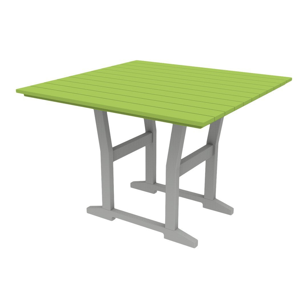Square table featuring a vibrant green slatted top and gray legs, perfect for modern outdoor decor.