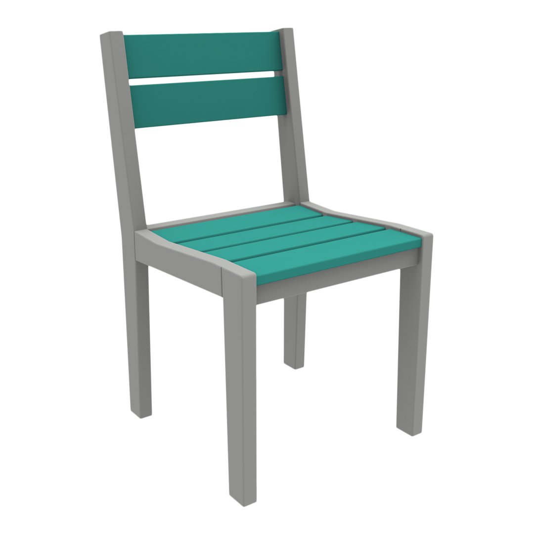 Teal slatted seat and backrest with light gray frame chair, perfect for modern outdoor or indoor decor.