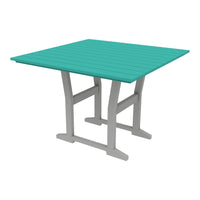 Turquoise square tabletop with a slatted design and gray legs, perfect for outdoor settings.