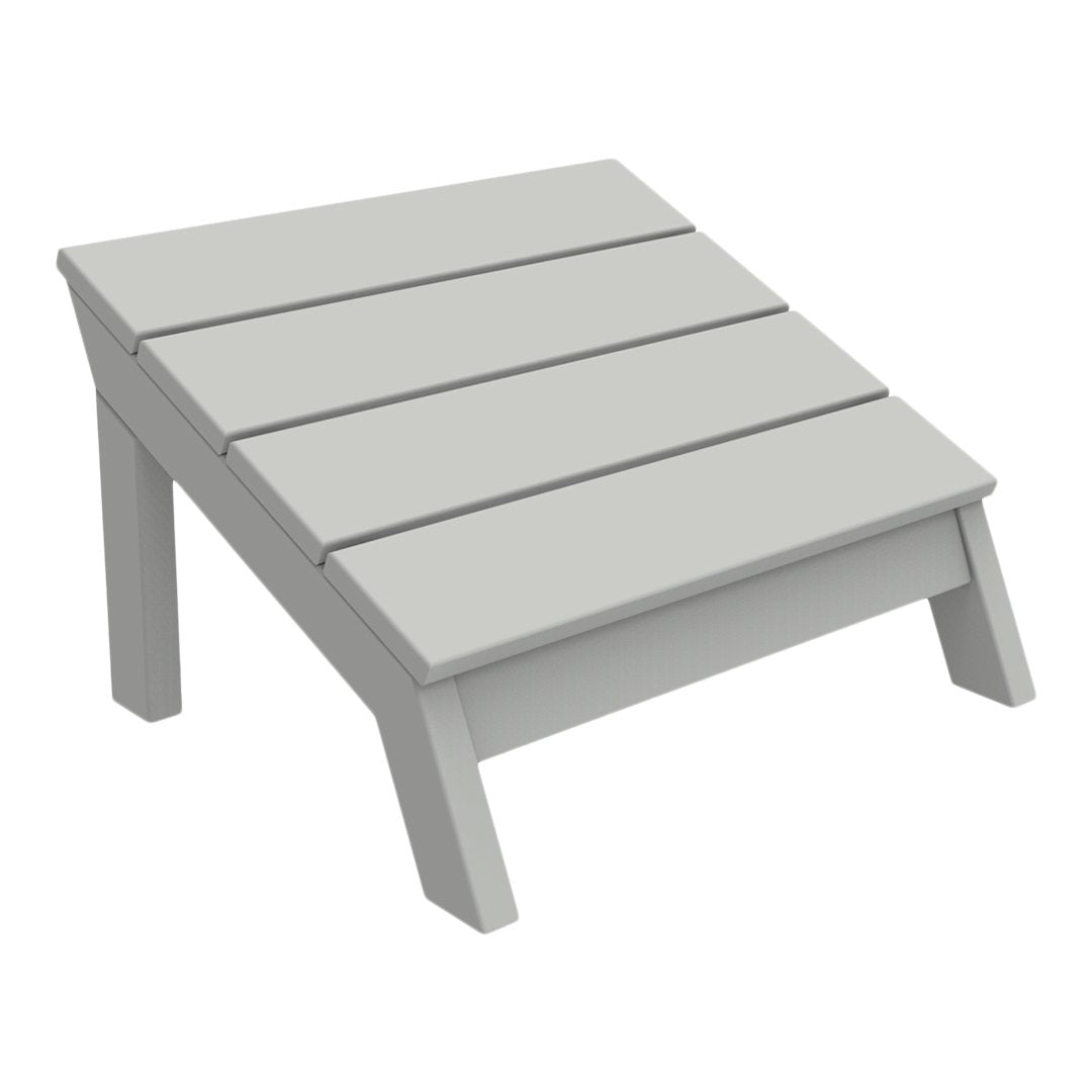 Light gray wooden footrest with horizontal slats and sturdy angled legs, perfect for outdoor relaxation.