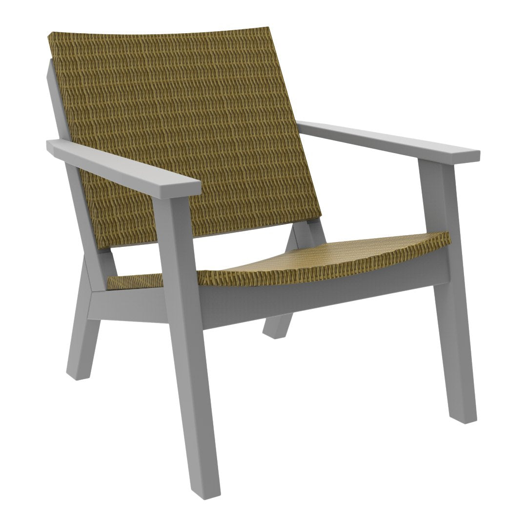 Modern outdoor chair with a textured brown woven seat and gray wooden frame. Perfect for stylish patio decor.