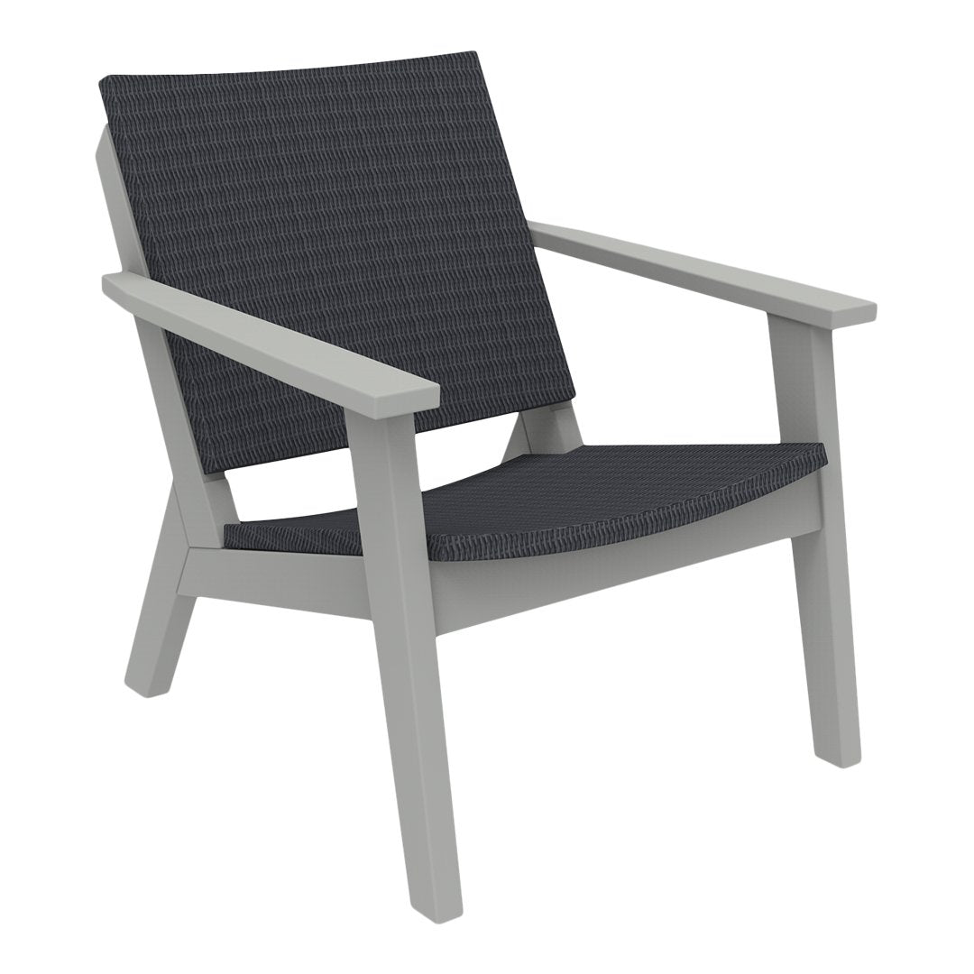 Gray outdoor chair with a textured black seat cushion and light gray wooden frame. Perfect for modern patios.