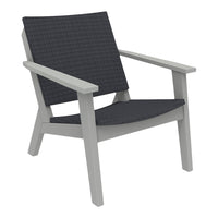 Gray outdoor chair with a textured black seat cushion and light gray wooden frame. Perfect for modern patios.