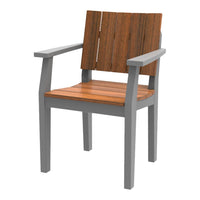 "Gray wooden chair with a slatted brown seat and backrest, showcasing a modern, minimalist design."