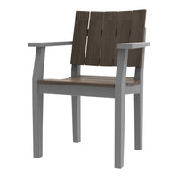 Gray wooden chair with slatted dark brown seat and backrest, offering a modern, sleek design for any space.