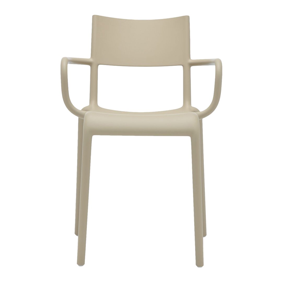 Beige minimalist chair with simple lines and no patterns, featuring curved armrests for comfort.