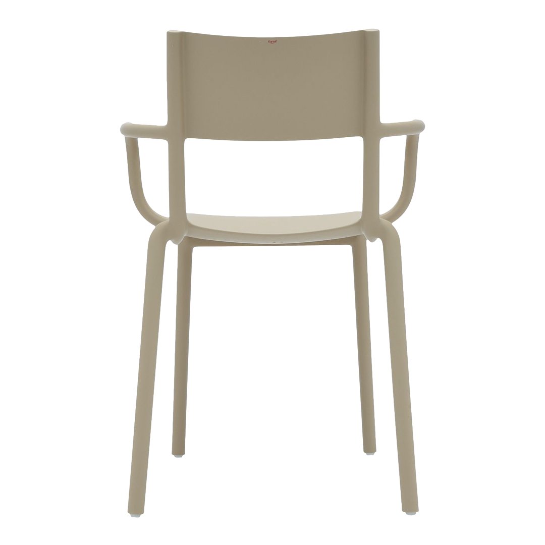 Beige dining chair with a minimalist design and smooth finish, featuring solid, straight lines and no patterns.