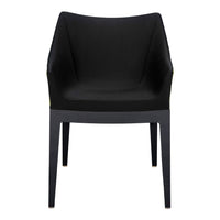 Sleek black upholstered chair with simple, modern design and smooth surface, featuring sturdy black legs.