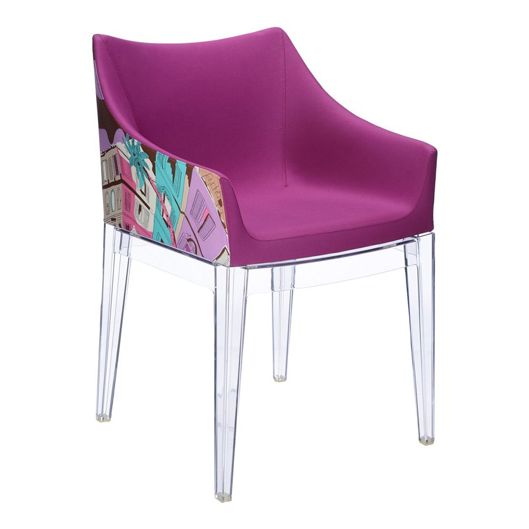 Vibrant purple chair with a colorful artistic pattern on the side and transparent legs. Suitable for modern decor.