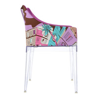 Vibrant pink, turquoise, and brown chair with abstract geometric patterns. Clear acrylic legs for a modern touch.