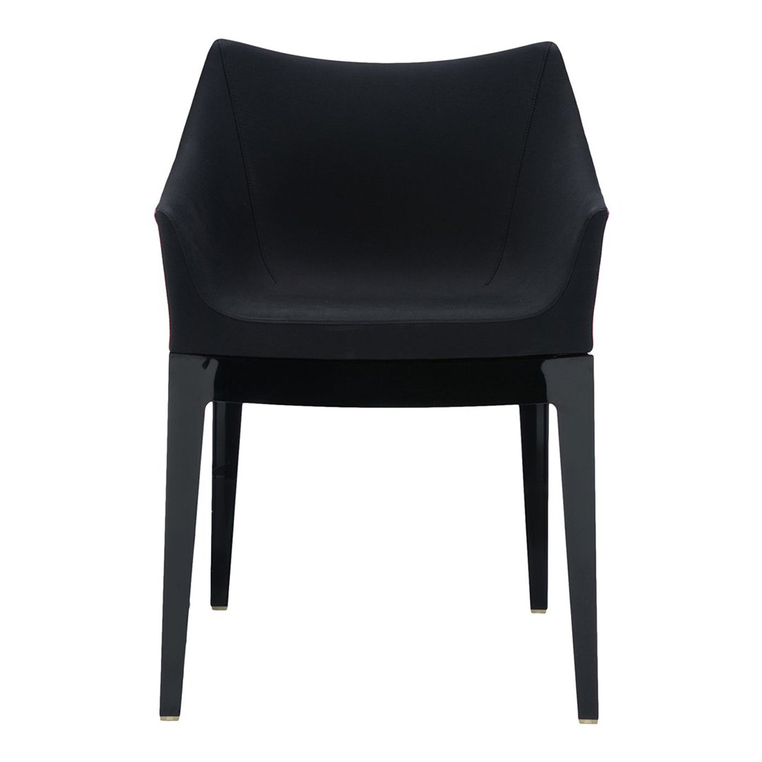 Black modern chair with a sleek, minimalist design and smooth, solid color finish. Perfect for contemporary decor.