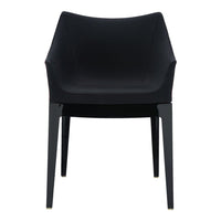 Black modern chair with a sleek, minimalist design and smooth, solid color finish. Perfect for contemporary decor.
