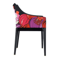 Colorful floral pattern in shades of orange, purple, and pink on a sleek black chair design.