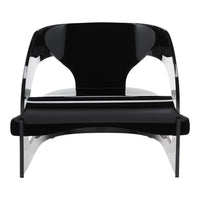 Modern black and clear acrylic chair with smooth, sleek lines and a minimalist design. Ideal for contemporary decor.