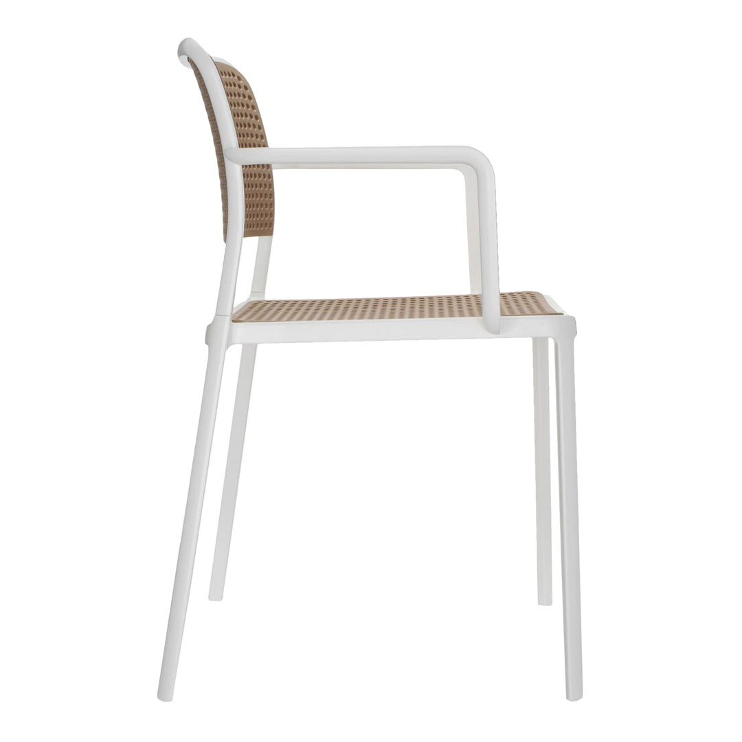 White chair with a woven natural brown seat and backrest, featuring a modern and minimalist design.