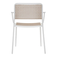 White frame chair with beige woven rattan back and seat, featuring a modern geometric pattern.