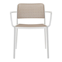 Modern white armchair with a patterned brown mesh back and seat, perfect for stylish indoor or outdoor settings.