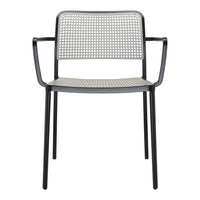 Gray and black patterned chair with a modern design, featuring a perforated backrest and armrests.