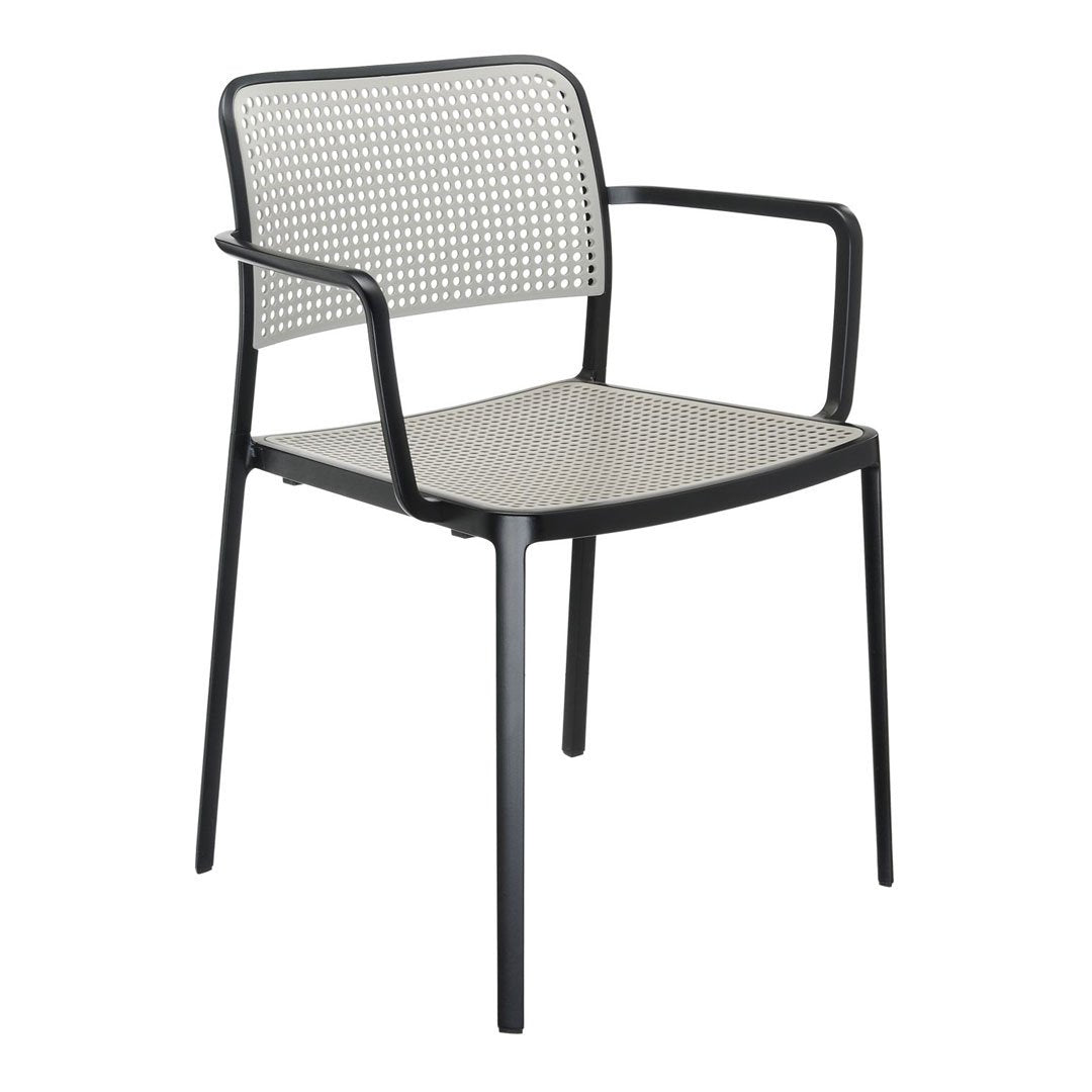 Stylish black chair with a woven grey mesh pattern, perfect for modern interiors or outdoor settings.