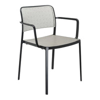 Stylish black chair with a woven grey mesh pattern, perfect for modern interiors or outdoor settings.
