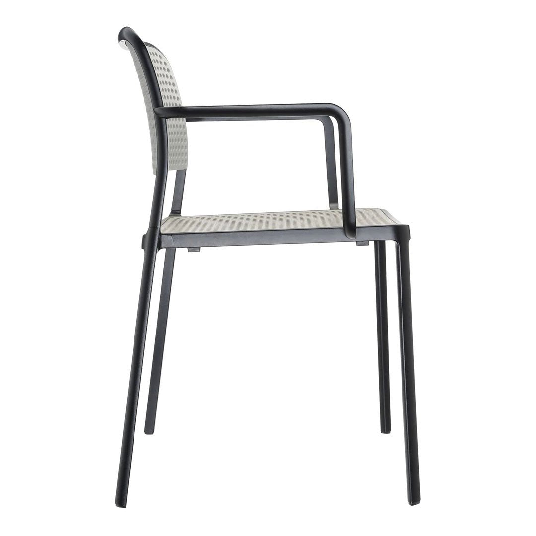 Gray and black patterned outdoor chair with sleek lines and modern design. Perfect for stylish outdoor decor.