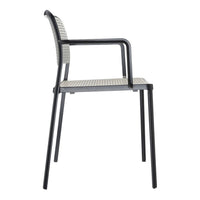 Gray and black patterned outdoor chair with sleek lines and modern design. Perfect for stylish outdoor decor.