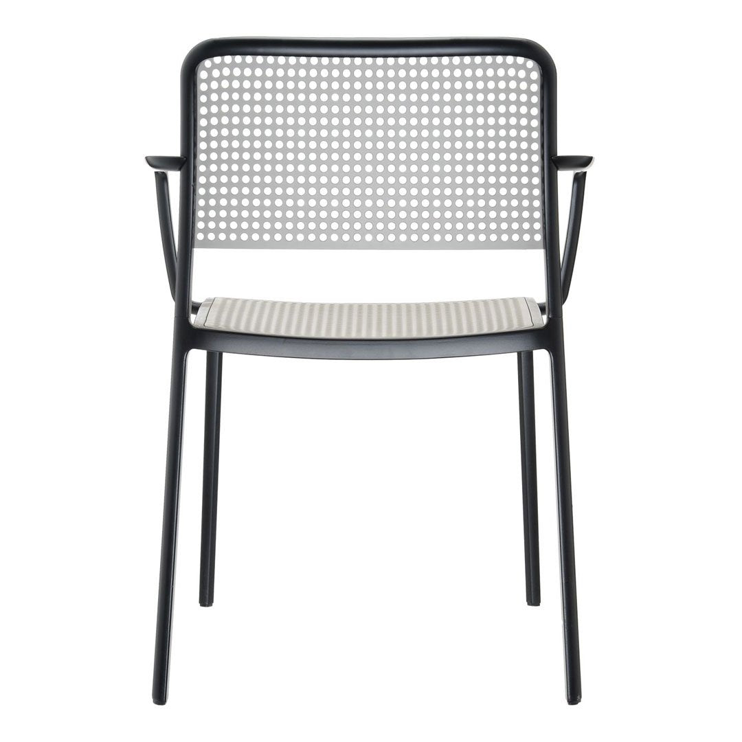 Black metal chair with a gray striped seat and a woven mesh backrest, featuring a modern and minimalist design.