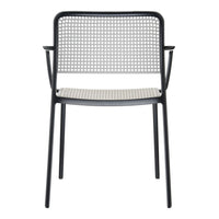 Black metal chair with a gray striped seat and a woven mesh backrest, featuring a modern and minimalist design.