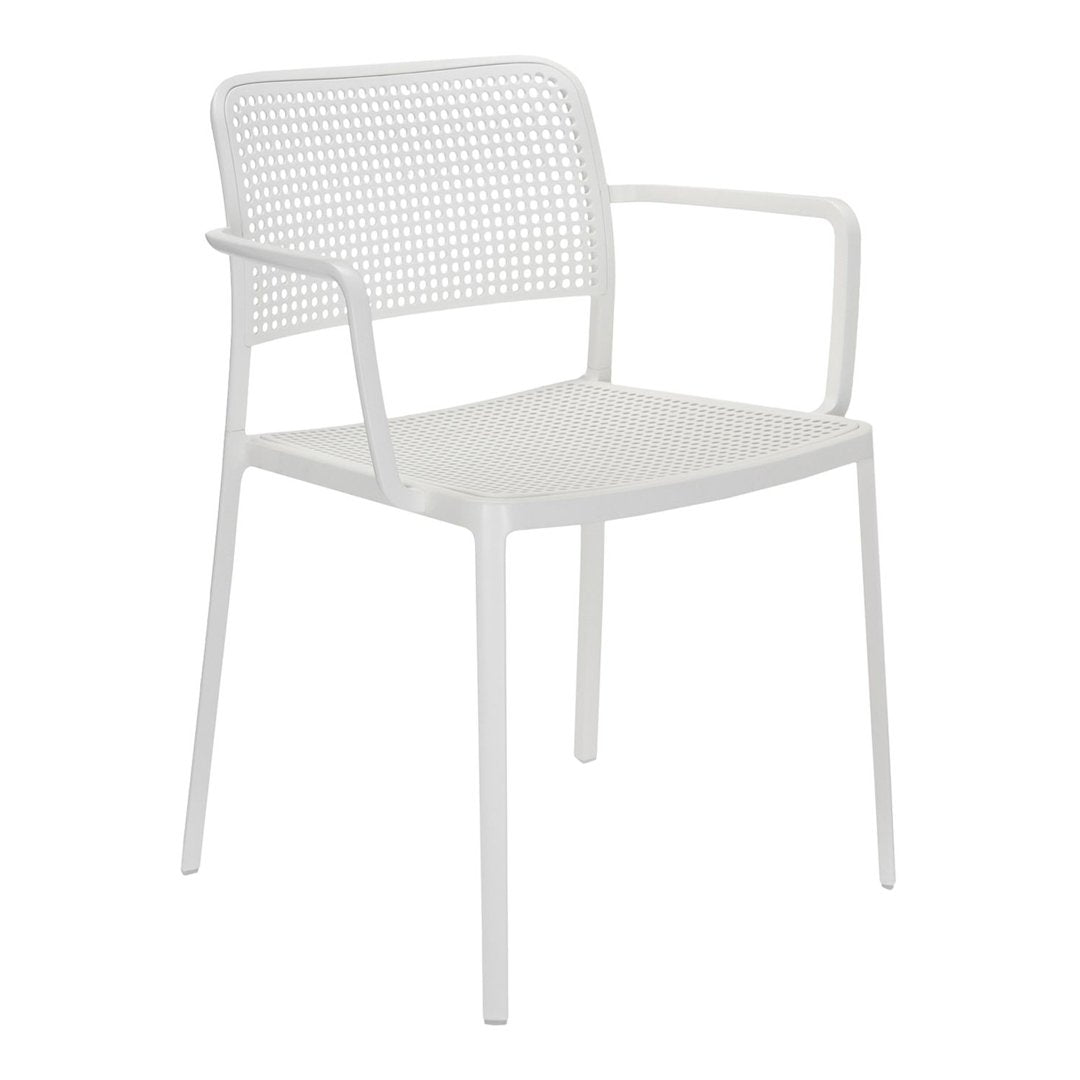 White chair with a modern, mesh-like pattern and minimalist design, perfect for contemporary indoor or outdoor spaces.