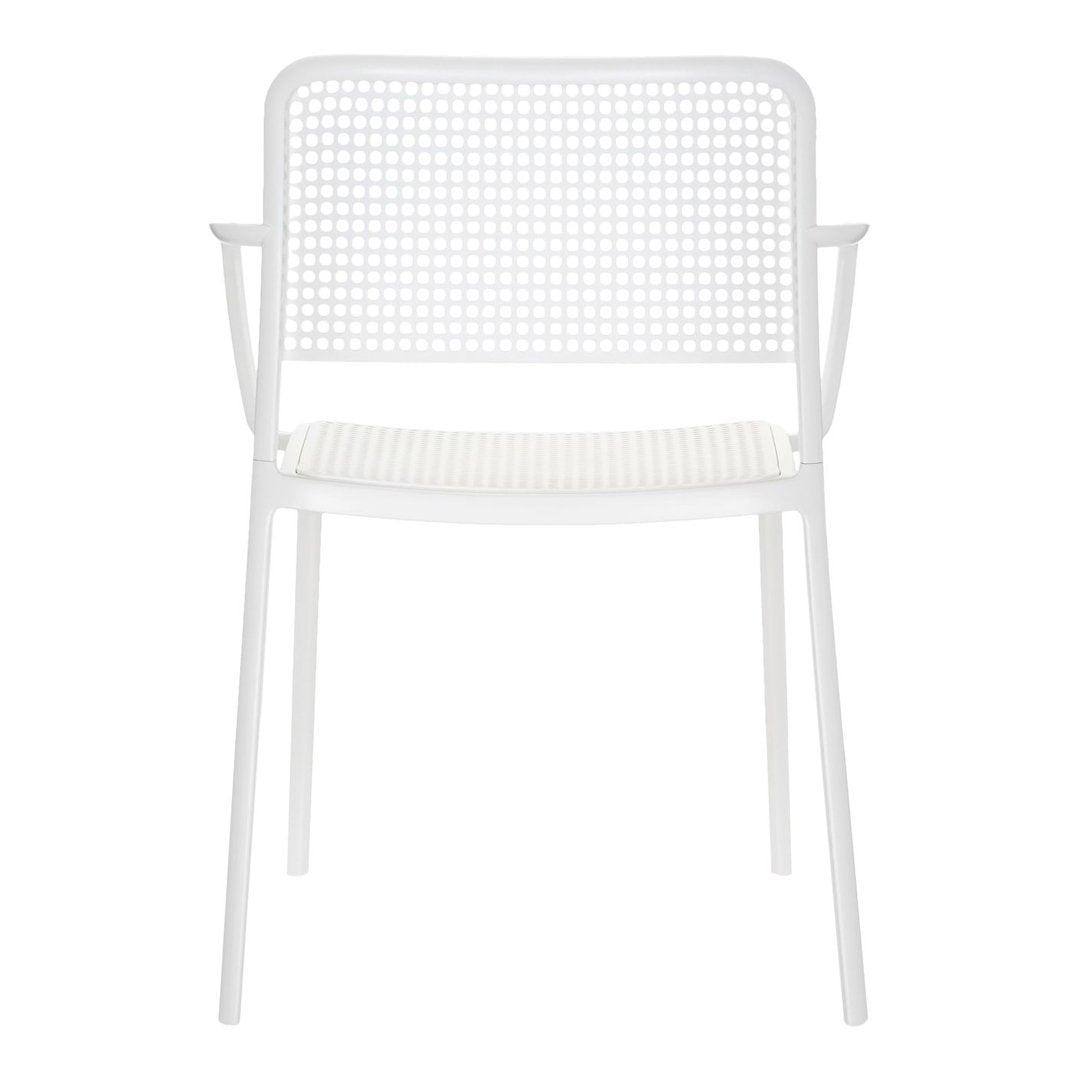 White mesh armchair with a minimalistic design and clean lines, featuring a contemporary pattern. Ideal for modern spaces.