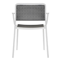 White chair with a black patterned backrest and seat, featuring a grid design for modern decor.