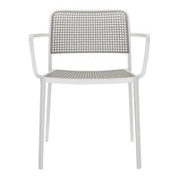 Gray perforated chair with a minimalist design and matching armrests, featuring a sleek white frame.