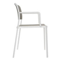 White chair with a sleek design and a gray woven-patterned backrest. Modern and minimalistic aesthetic.